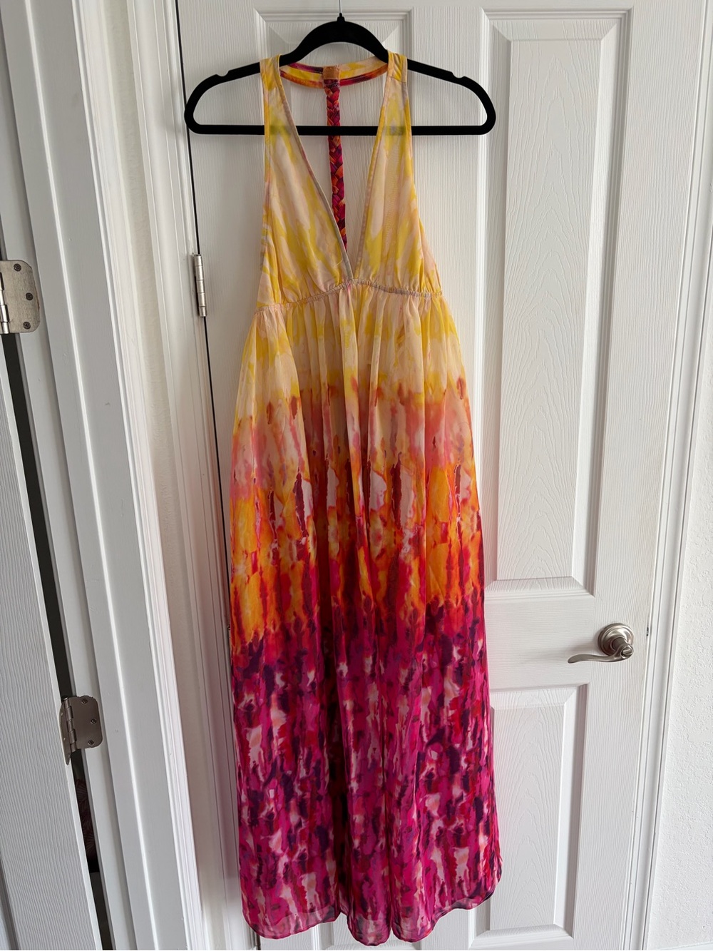 Anthropologie Ombre Yellow to Fuchsia Watercolor Maxi Dress